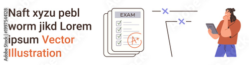 Education, exams, online learning, evaluation, academic performance, study habits. Graded test paper with checklist, person analyzing with tablet. Education and exams effectively
