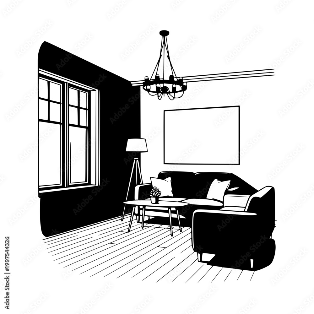 Fototapeta premium Modern Living Room Interior Line Art Illustration with Sofa and Window
