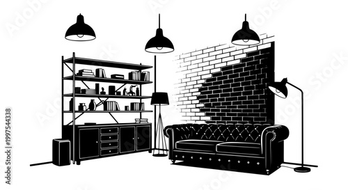 Modern loft living room interior with chesterfield sofa and bookshelf silhouette