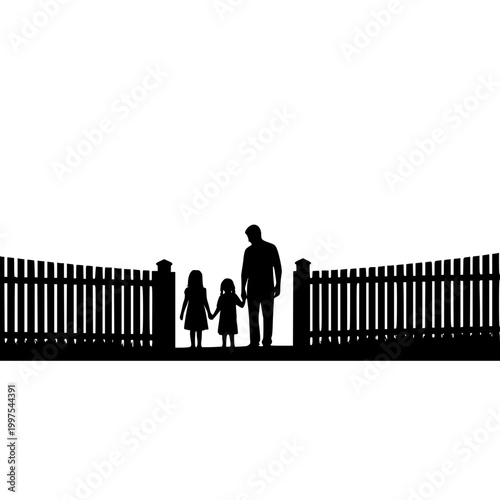 Silhouette of a father and two daughters standing at an open garden gate