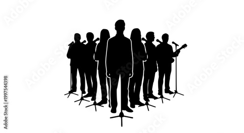 Silhouette of a music band or choir group performing with microphones on stage