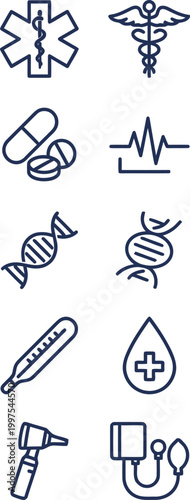 Medical and Healthcare Line Icon Set Featuring Caduceus Star of Life DNA Helix Pills Blood Pressure Monitor and Clinical Diagnostic Symbols for Hospital Branding and Science Design