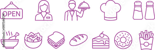 Restaurant and Food Line Icon Set Featuring Chef Hat Waiter Open Sign Bakery Items Fast Food and Healthy Meal Symbols for Menu Design and Delivery Apps