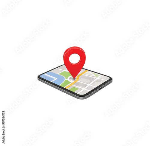 A 3D mobile phone screen displays a navigation map with a GPS pin pointer, serving as a technology sign and travel location marker vector icon for smart city street route tracking
