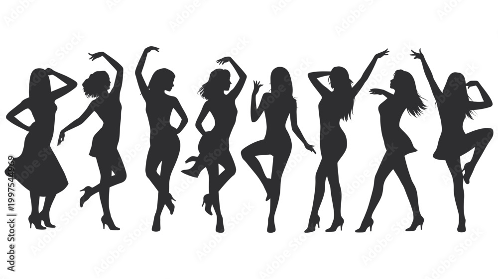 Fototapeta premium Silhouettes of seven dancing women in various poses with silhouette movement graceful illustration