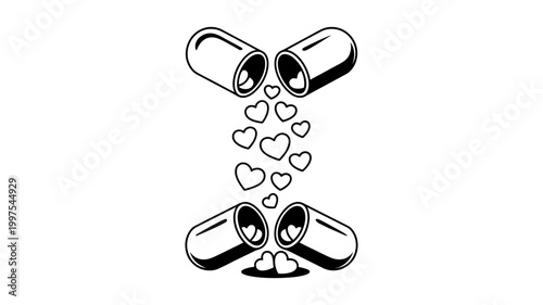 Open medicine capsule releasing heart shapes in line art with medicine treatment pharmacy illustration