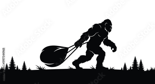 Black silhouette of bigfoot or sasquatch walking through a forest clearing and dragging a large heavy bag behind him on the ground.