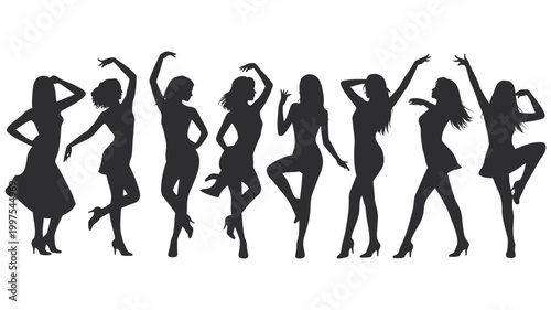 Silhouettes of seven dancing women in various poses with silhouette movement graceful illustration