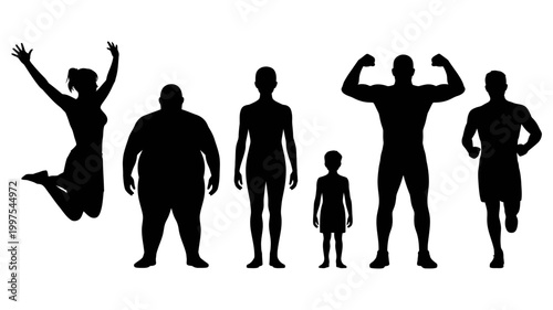 Silhouettes depicting human diversity in size and activity from jumping to running silhouettes diversity