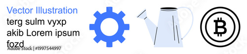 Technology innovation, gardening inspiration, cryptocurrency trends, industrial mechanics, blockchain economy, sustainability. Blue gear, metal watering can Bitcoin symbol. Technology innovation