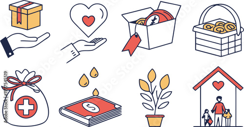 Charity and donation icon set featuring heart, gift box, medical aid, and family support symbols.