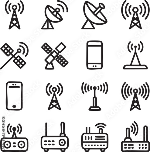 A collection of black line icons depicting various communication devices and technology symbols, including satellite dishes, cell phones, and routers, on a white background.