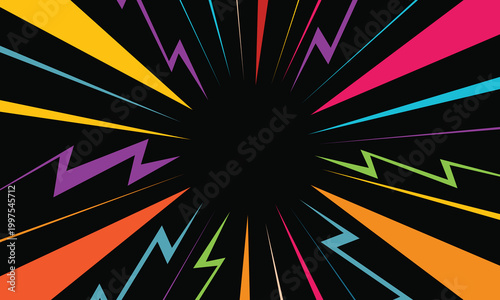 Konstfotografi Vibrant multicolored lightning bolts radiating from center
