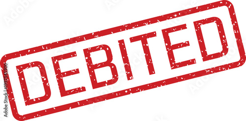 A prominent red DEBITED stamp mark showcasing a distressed grunge effect stands out against a pristine white backdrop