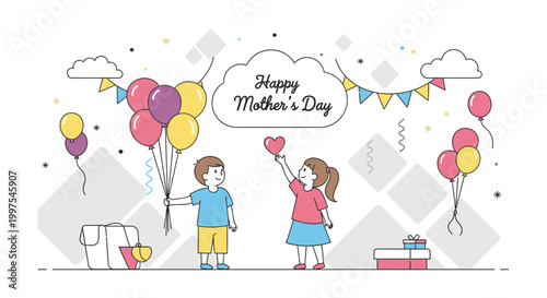 Illustration of a boy and girl celebrating Mother's Day with balloons, gifts, and a heart-shaped candy, against a geometric patterned background.