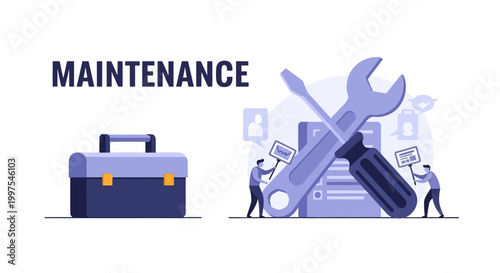 Maintenance Service and Technical Support Concept. Flat Design Illustration with Tools, Toolbox, and Workers for System Repair & Optimization.