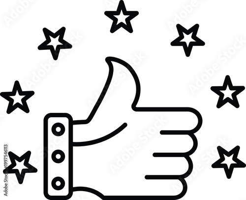 Black line icon of a hand showing a thumb up gesture with several stars arranged in a circle around it