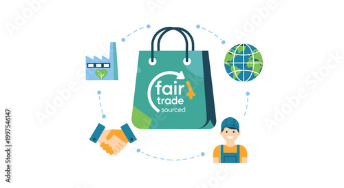 Fair Trade Sourced Global Supply Chain Concept: Ethical Production, Sustainable Business, Worker Welfare & Consumer Trust Illustration