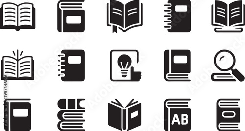 A grid of fifteen black representing books, reading, learning, and knowledge with various