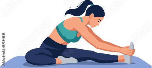 A woman stretches her leg on a mat in a fitness session with flexibility movement