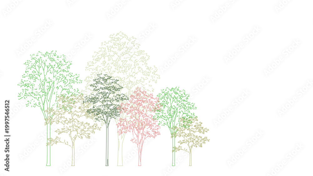 Naklejka premium Architectural Drawings, Minimal style cad tree line drawing, Side view, set of section wetland forest outline for landscape design drawing. Vector illustration in seperate element