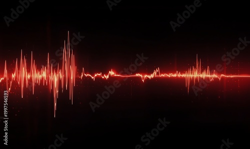 Abstract red sound wave equalizer visualization with particles on black background.