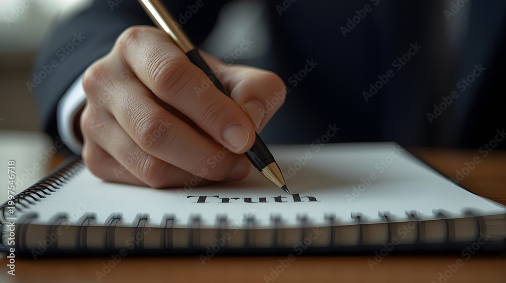 Fototapeta premium Close-up of Journalism Hand Holding Pen Writing the Word Truth on Notebook