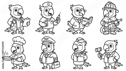 Collection set of line art cartoon animal character in uniform vector illustration for kids and children's coloring exercise on white background, Marcaw