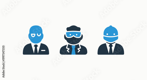 Flat design icons representing diverse professional roles including hacker masked security expert construction worker with flat icon white background cybersecurity security professional engineer