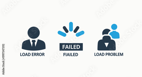 Technical load error and system problem icons for software failure notification with software business technical illustration notification limitation computer application development internet