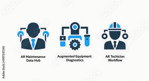 Augmented reality and artificial intelligence icons for industrial maintenance equipment diagnostics technician workflow with smart glasses computer vision digital twin internet of things industry