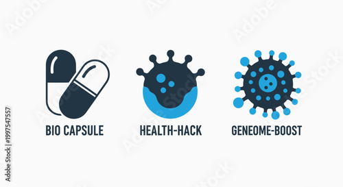 Bio capsule health hack genome boost icons representing medical biological scientific concepts with bacteria biotechnology pharmaceutical supplement medicine research genetics pathogen