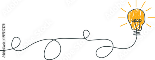 A hand drawn sketch of a glowing light bulb with a curving electrical cord