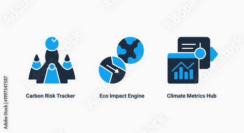Carbon risk tracker eco impact engine climate metrics hub icons for environmental data and sustainability with eco friendly environment sustainability analysis ecological technology reporting