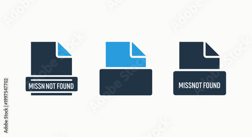 Set of document error icons representing missing files or data not found system notifications in blue and dark gray with document notification computer software internet interface application