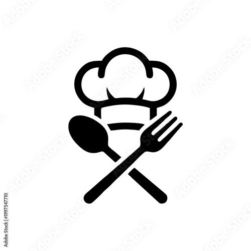 Minimalist Chef Hat with Crossed Spoon and Fork Logo Vector Illustration Black and White Cooking Icon Isolated on White Background for Restaurant and Catering Branding