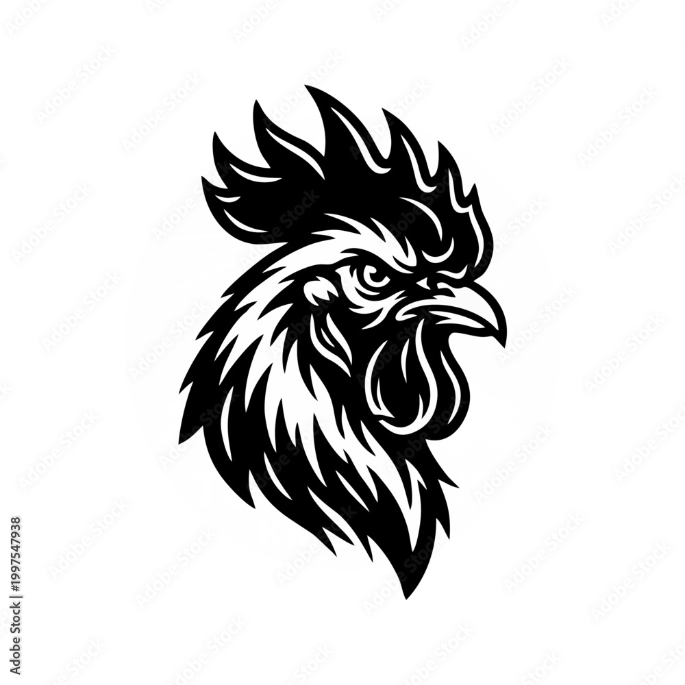 Obraz premium Strong Rooster Head Mascot Vector Illustration Fierce Chicken Gallus Profile Design Isolated on White Background for Sports Team or Farm Branding