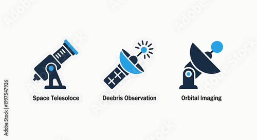Space telescope and satellite icons for geospatial observation and orbital imaging with remote sensing icon set science fiction imaging system observation deck telescope satellite geospatial
