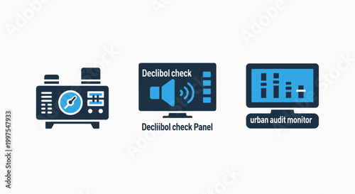 Decibel check panel and audio sound monitor icons for sound measurement and control with icon set spectrum analyzer measurement equalizer frequency spectrum analysis engineering recording