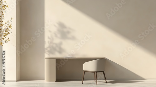 Serene minimalist home office corner featuring a sleek modern desk and elegant chair bathed in soft natural sunlight with artistic shadow play on a neutral wall evoking calm