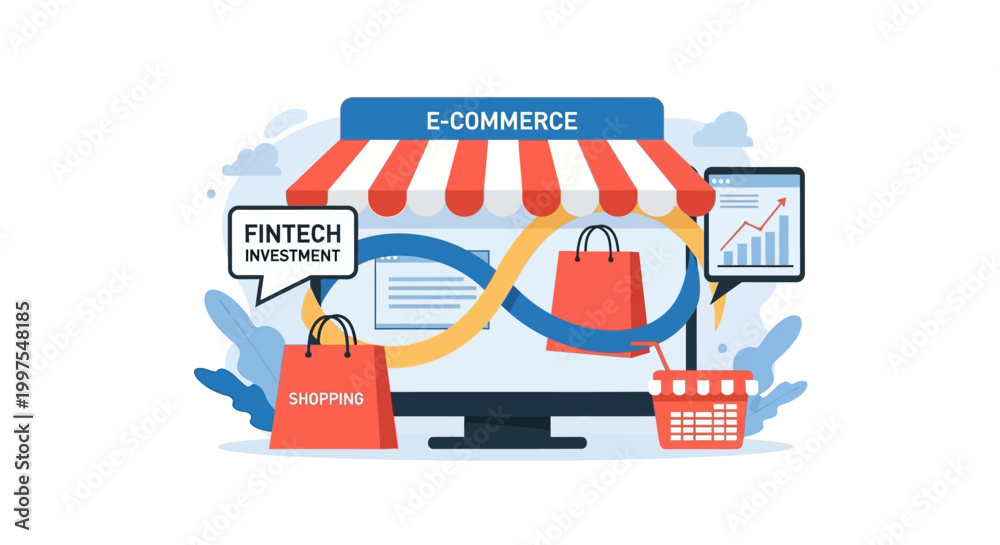 Naklejka premium E-commerce and Fintech Investment: Digital Shopping, Financial Technology, and Business Growth Concept