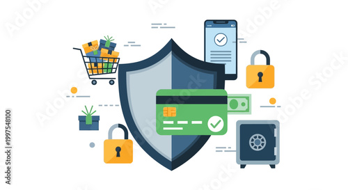 Online Shopping Security Concept. Secure Digital Payments & E-commerce Protection with Shield, Credit Card, Mobile Banking, Padlock, and Safe.