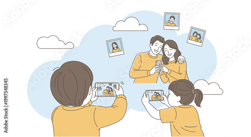 Illustration of two people taking a photo of a couple with smartphones against a light blue background with floating pictures and white clouds.