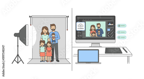 Flat illustration of a family in a photo studio setup with lighting equipment and a computer screen displaying their virtual photo shoot.
