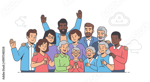 Diverse group of people of different ages and ethnicities standing together with raised hands in a colorful illustration against a white background with clouds.
