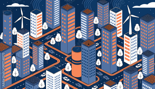 Isometric cityscape at night with modern buildings wind turbines and rain urban landscape with sustainable architecture