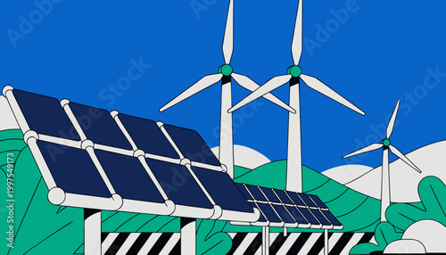 Renewable energy farm with solar panels and wind turbines under a clear blue sky with green hills