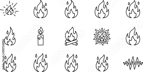 Flame, Fire, Explosion, Candle, and Heat Wave Icons for Energy, Risk, and Environmental Illustrations in Digital and Print Media