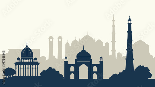 Delhi city skyline vector featuring historic monuments