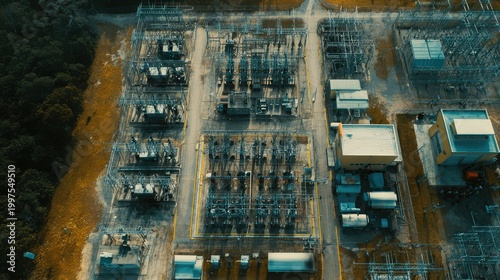 Aerial view of electrical power substation distributing energy